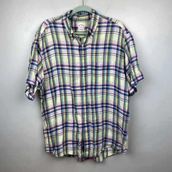 Brooks Brothers Shirt Mens Large Plaid Linen 346 Short Sleeve Button Up Summer - Picture 1 of 10